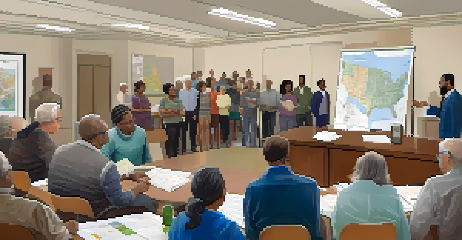 A group of residents in a meeting discussing zoning laws with maps and documents on the table.