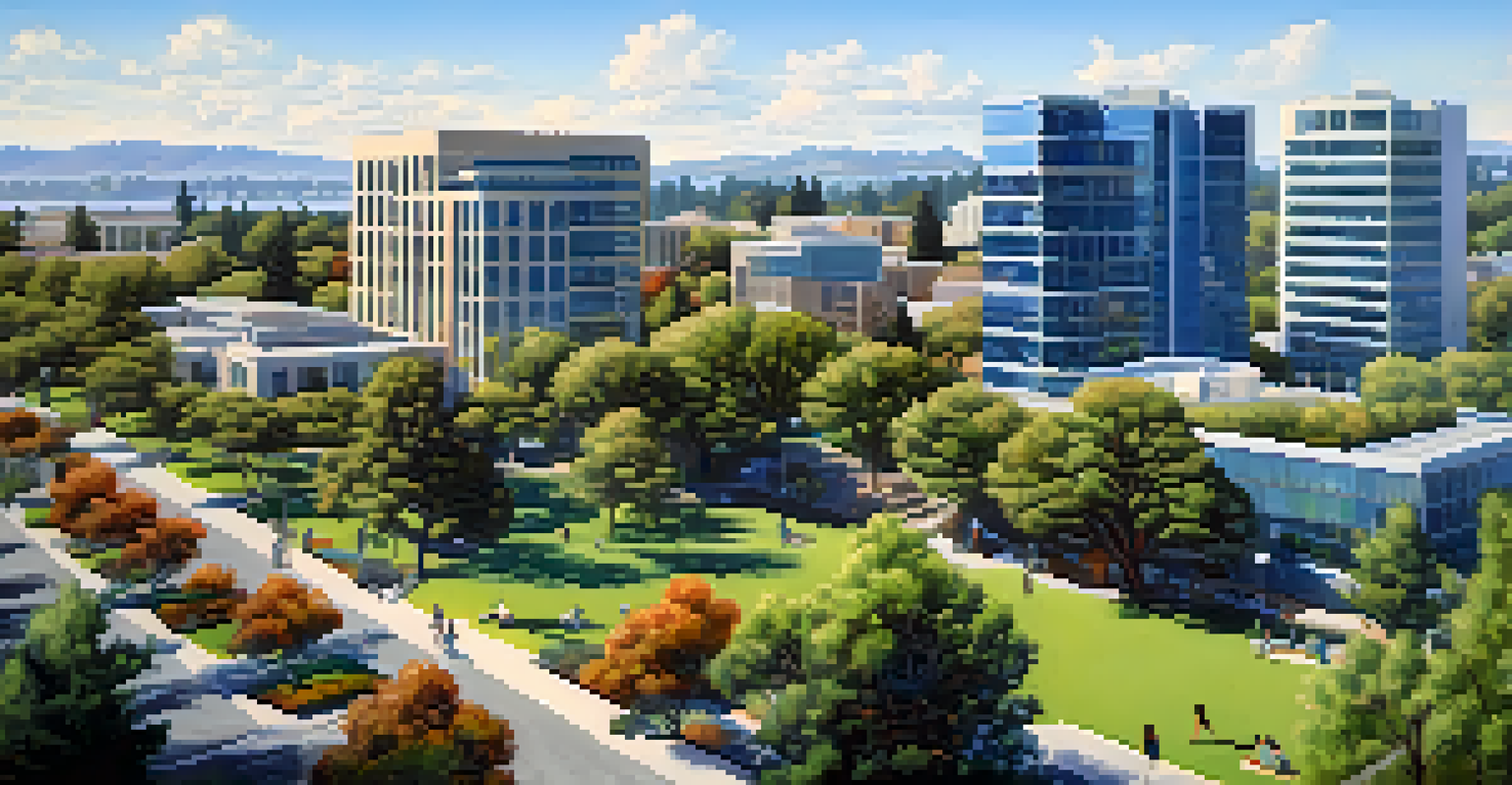 A scenic view of Redwood City featuring modern office buildings, green parks, and people working on laptops outdoors.