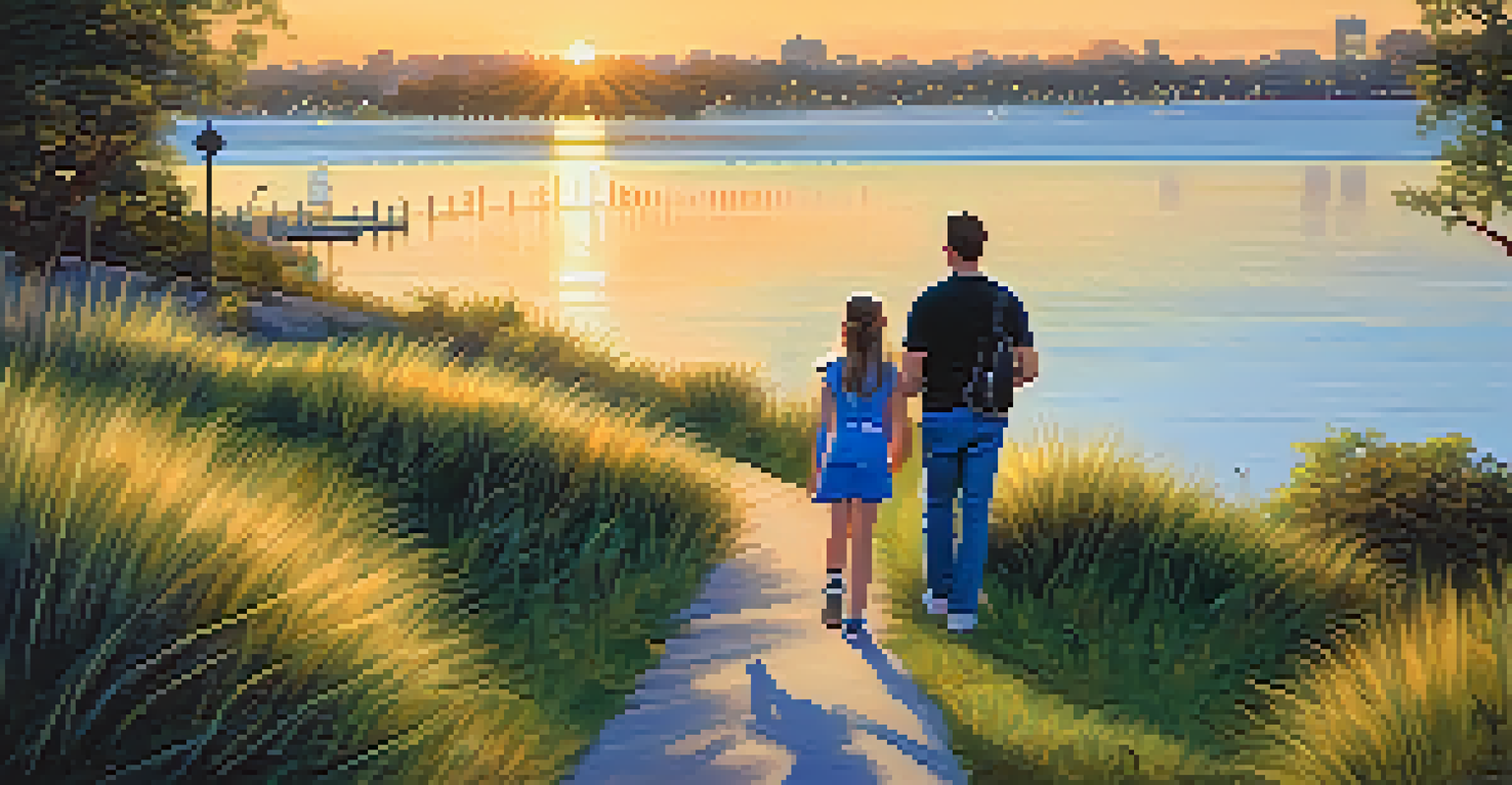 A family exploring a nature trail by the bay, observing wildlife with binoculars during sunset.