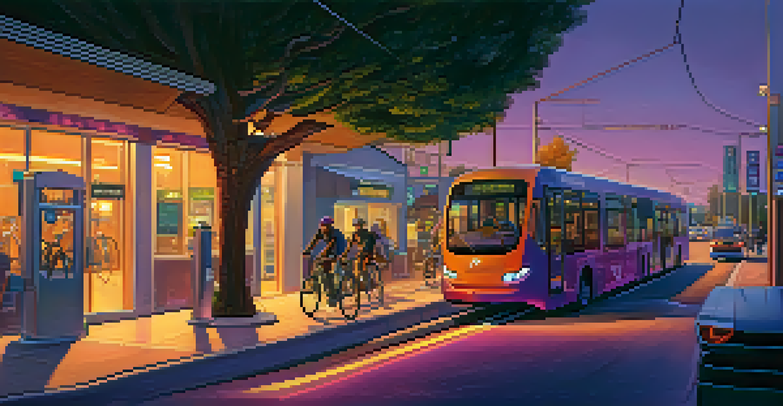A modern street in Redwood City at dusk with smart streetlights, electric vehicle charging stations, and cyclists.