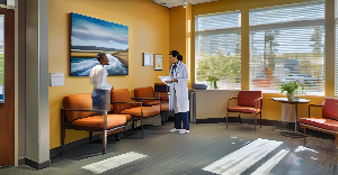 A welcoming primary care clinic with a doctor and patient discussing health options in a bright examination room.