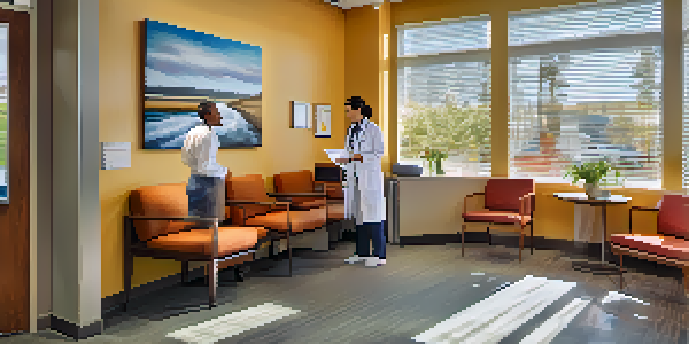 A welcoming primary care clinic with a doctor and patient discussing health options in a bright examination room.