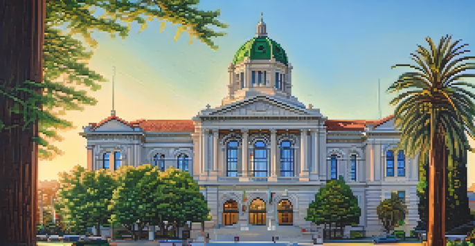 Exterior view of the historic San Mateo County Courthouse with detailed architecture and stained glass windows under warm sunlight.