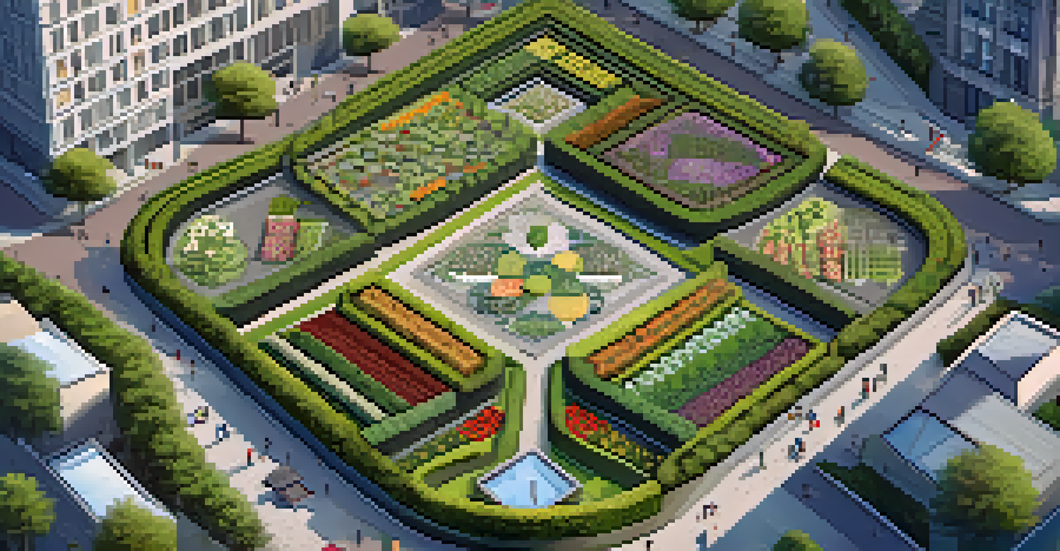 An aerial view of a community garden amidst urban buildings, featuring various crops and pathways with pollinator-friendly flowers.