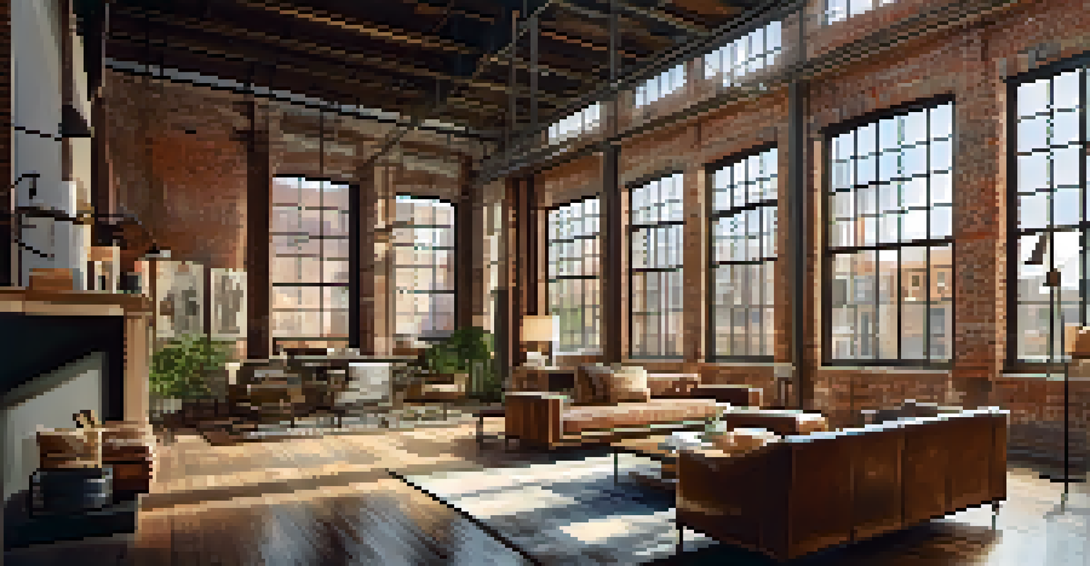 An architectural concept sketch showing a historic warehouse transformed into a modern loft, featuring large windows and exposed brick walls.