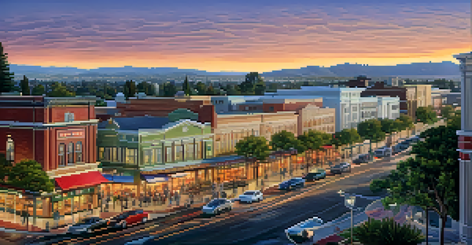 A panoramic view of Redwood City with modern buildings, trees, and cafes illuminated by sunset.