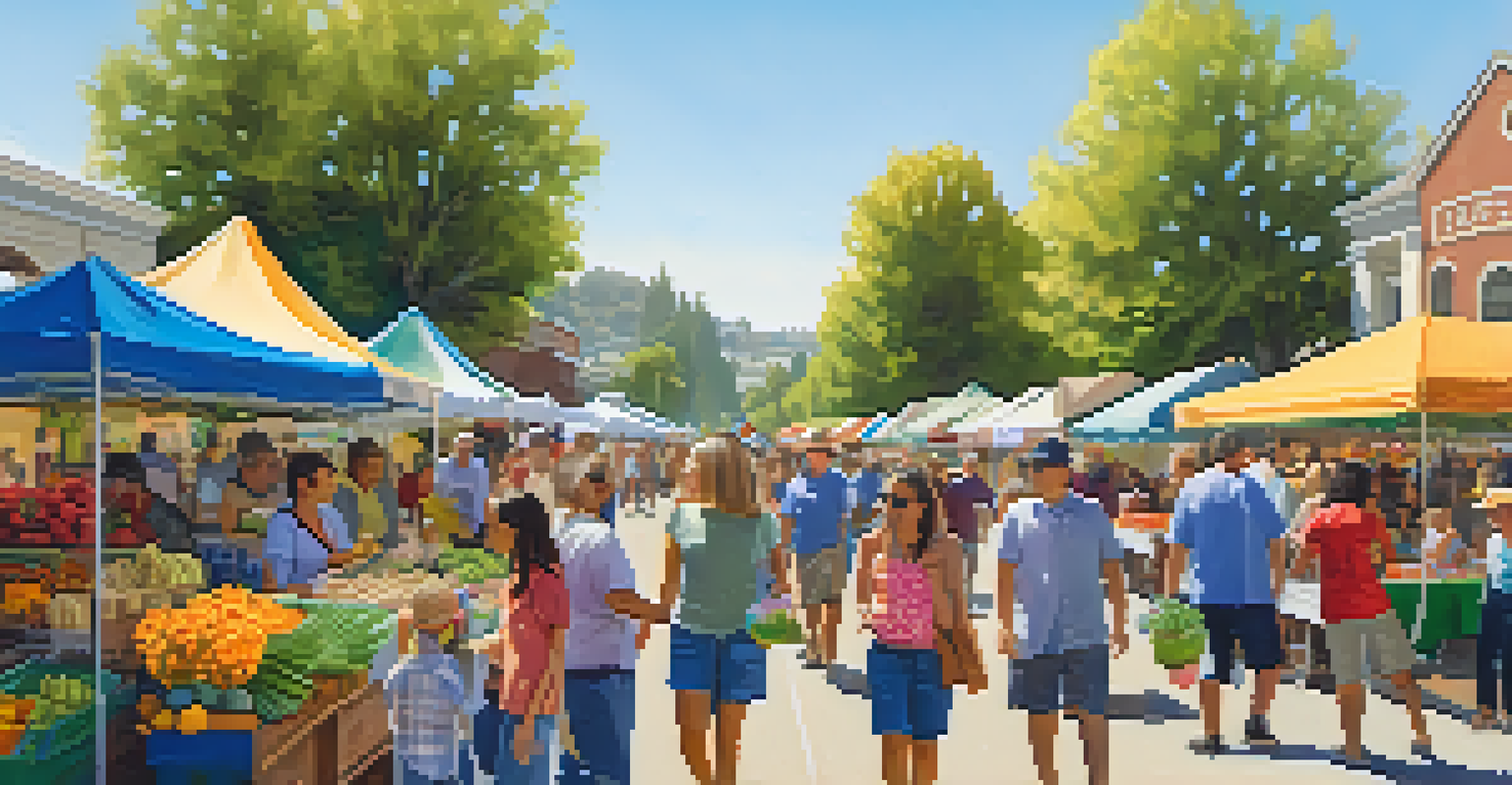 A bustling farmers' market in Redwood City with colorful stalls, families enjoying the event, and a sunny atmosphere.