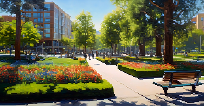 A peaceful park in an urban setting with green spaces, flowers, and people relaxing under trees.