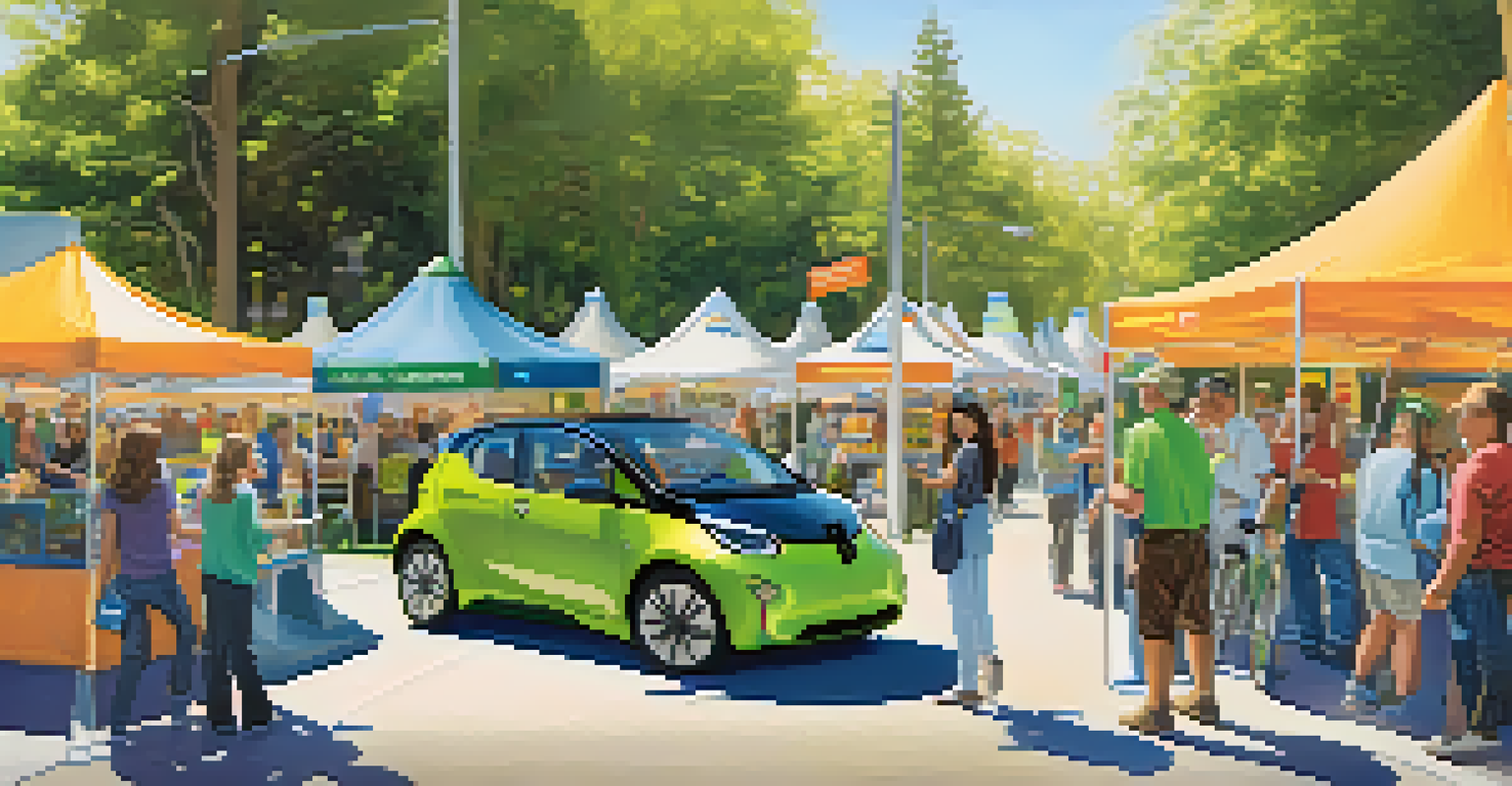 A community event showcasing electric vehicles and promoting sustainability, with residents engaging at informational booths.