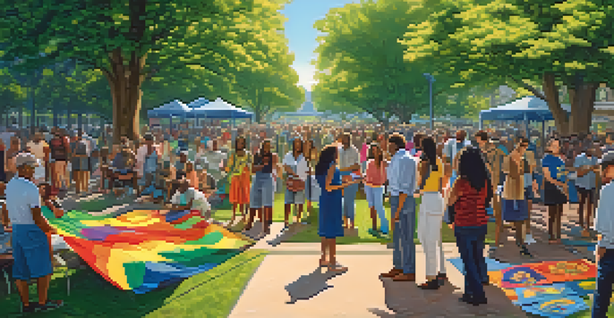 A diverse group of people engaging in a community gathering at a park, with colorful banners and natural surroundings.