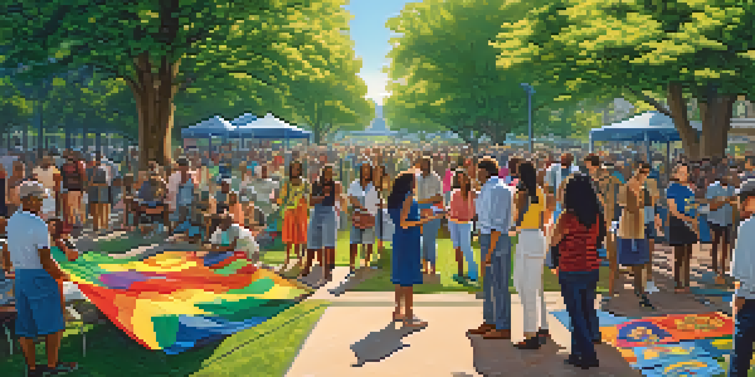 A diverse group of people engaging in a community gathering at a park, with colorful banners and natural surroundings.