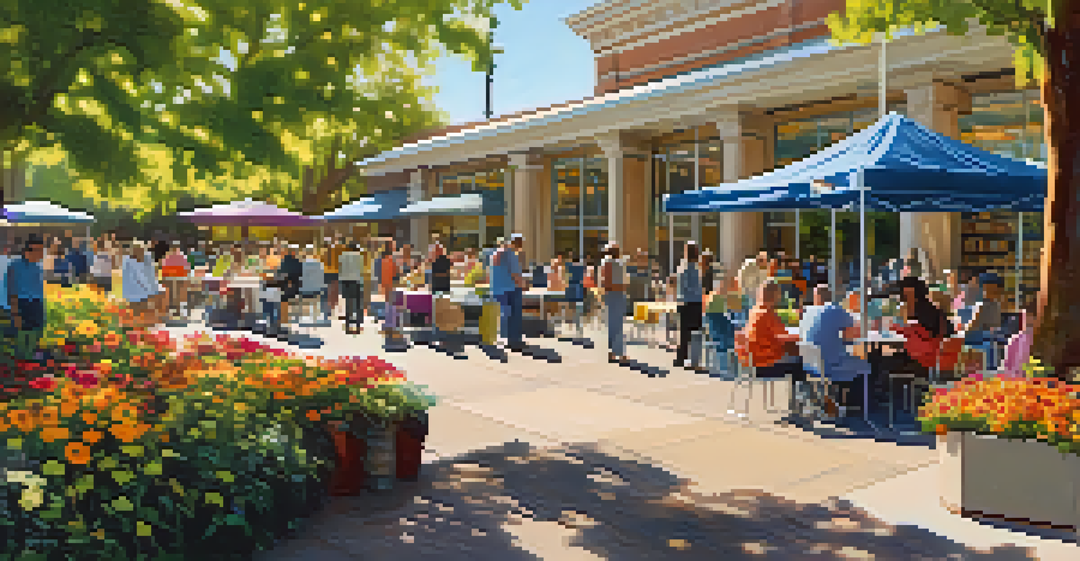 An outdoor view of a public library with community members participating in a cultural event, surrounded by flowers and greenery.