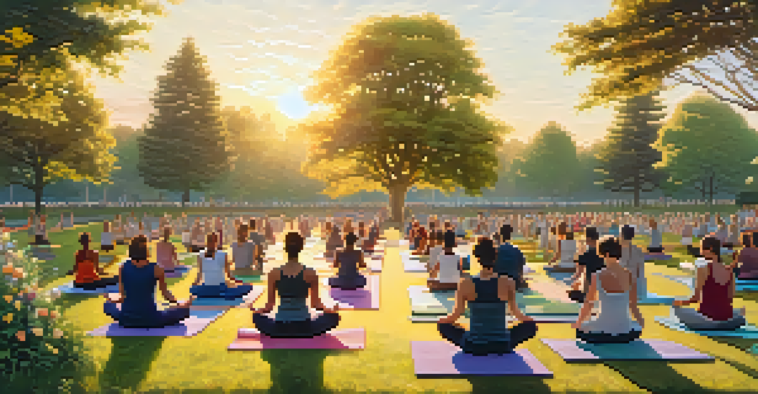 Adults practicing yoga in a park with colorful mats, surrounded by trees and flowers, illuminated by golden sunset light.