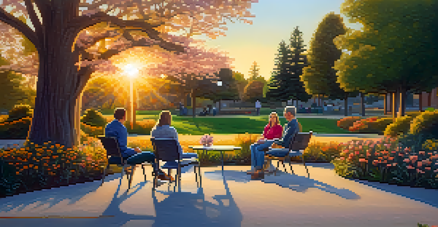 A family support group meeting outdoors in a park in Redwood City, with chairs arranged in a circle under blooming trees during a warm sunset.