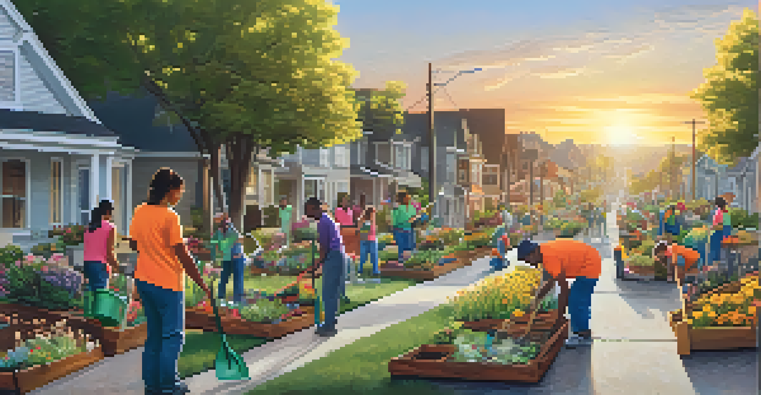 Volunteers participating in a neighborhood clean-up event, planting flowers and picking up litter during sunset.
