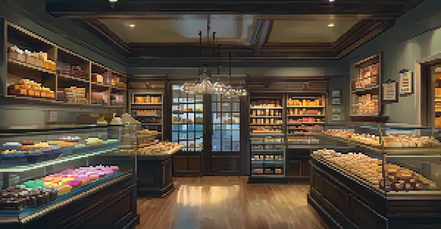 A bakery display with handmade chocolates and pastries in a warm, inviting setting.