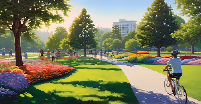 A scenic park in Redwood City with green trees, flower beds, and people enjoying outdoor activities.