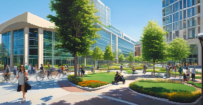 A vibrant city scene in Redwood City with modern office buildings, green parks, and people biking and walking.