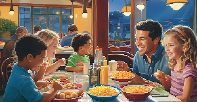 A family enjoying a meal in a colorful restaurant, with children eating macaroni and cheese and chicken tenders, while parents converse.