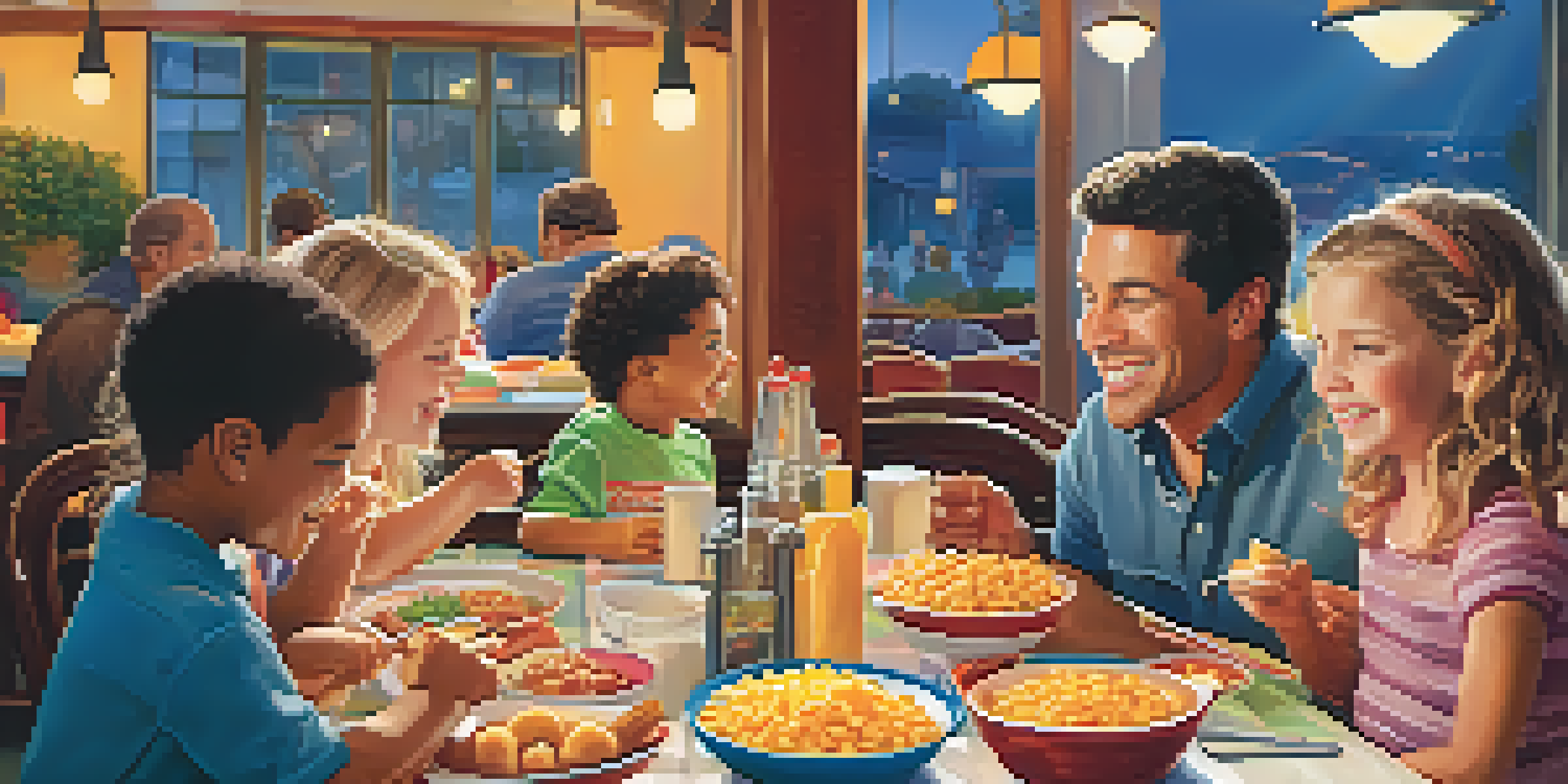 A family enjoying a meal in a colorful restaurant, with children eating macaroni and cheese and chicken tenders, while parents converse.