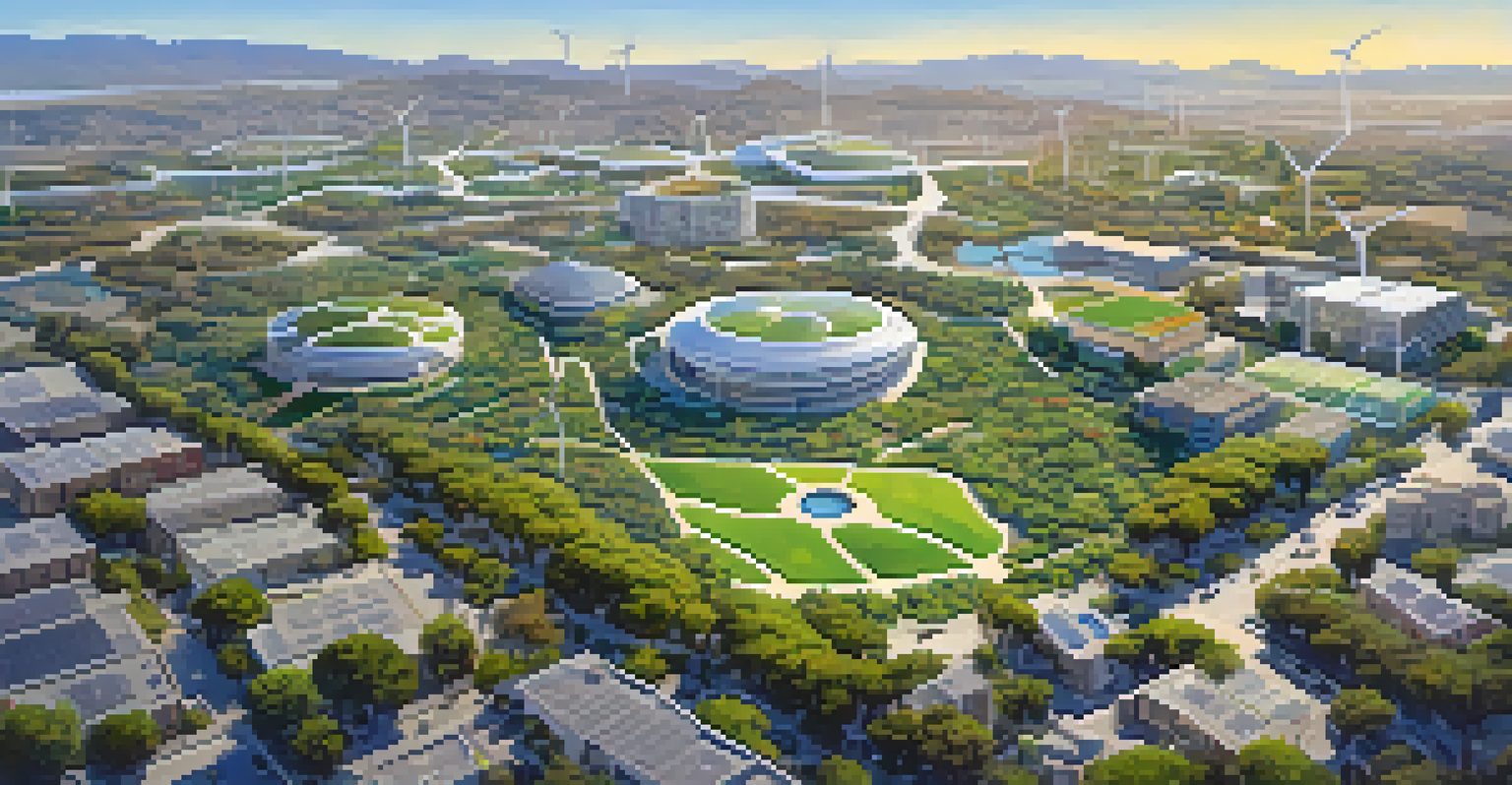 An aerial view of Redwood City featuring green parks, solar rooftops, and wind turbines, illustrating a sustainable urban landscape.