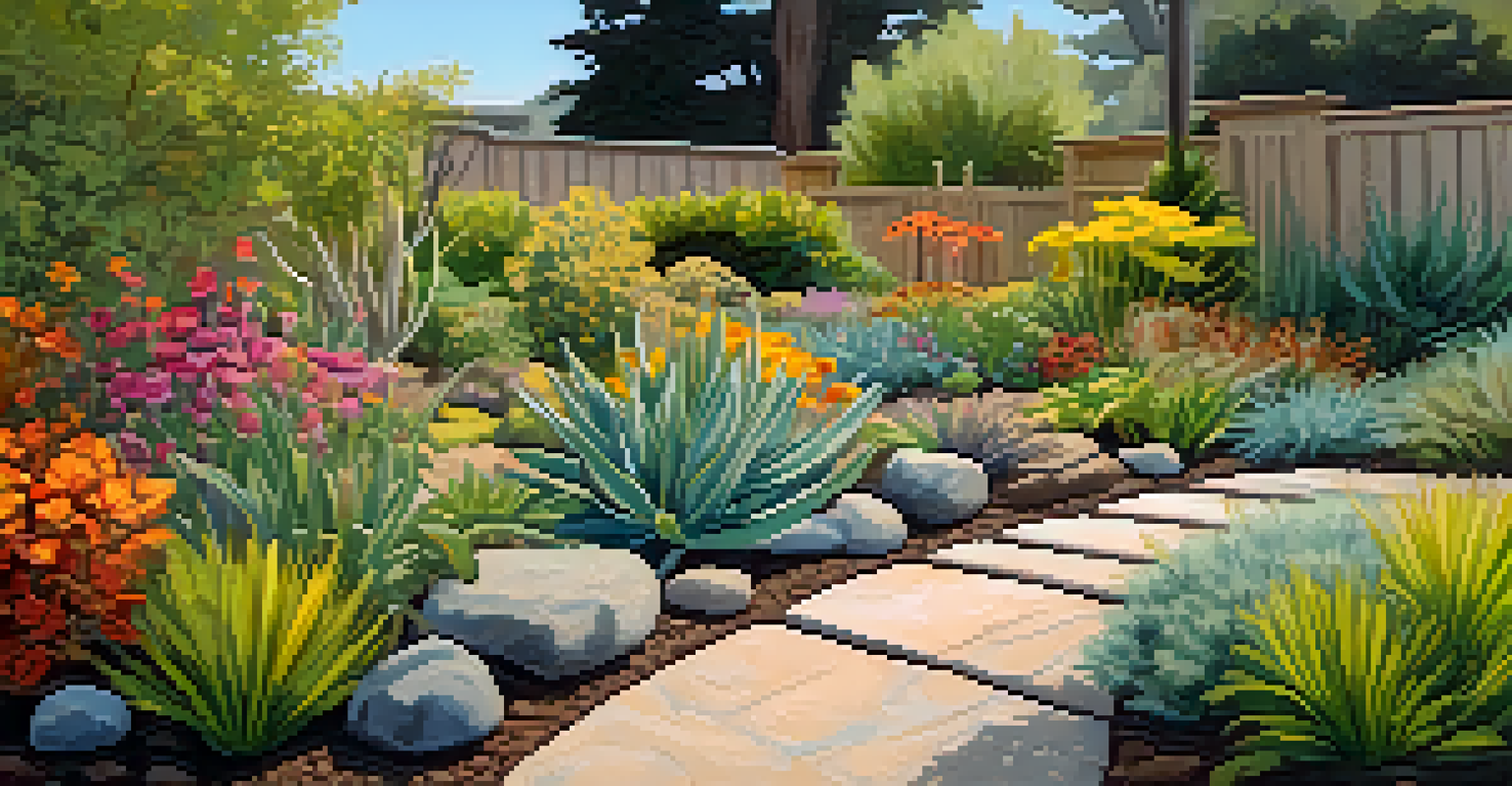 A sustainable garden in Redwood City showcasing drought-resistant plants and a modern irrigation system, illuminated by soft afternoon light.