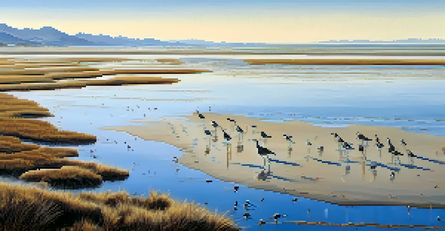 A tidal flat scene with shorebirds foraging for food in the mud and sand, set against a bright blue sky and distant hills.