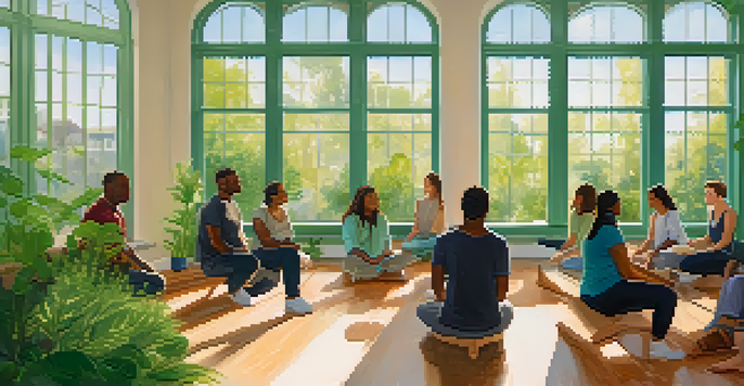 A community mental health workshop in Redwood City, featuring diverse participants engaged in mindfulness exercises in a bright room with plants and natural light.