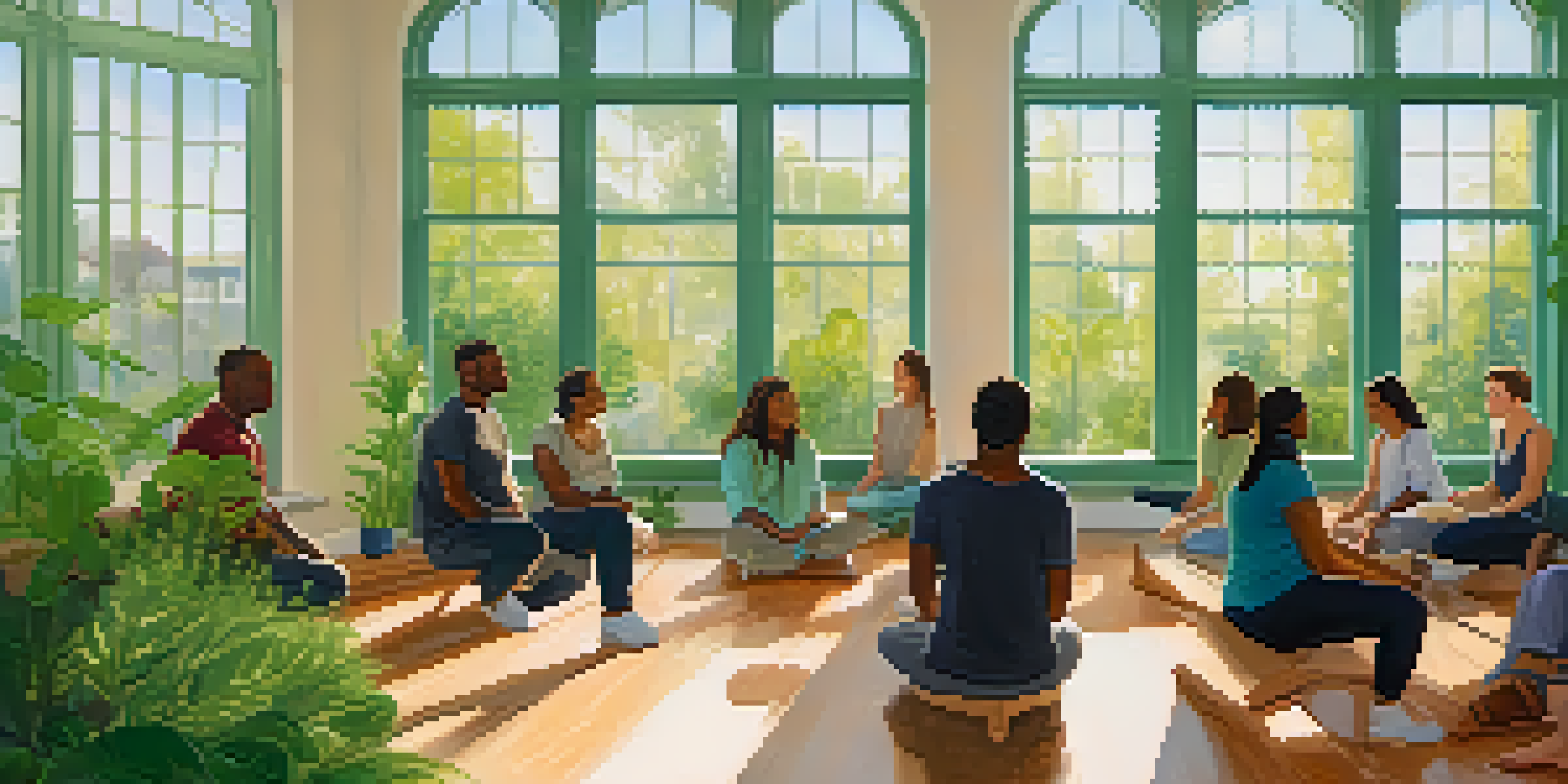 A community mental health workshop in Redwood City, featuring diverse participants engaged in mindfulness exercises in a bright room with plants and natural light.