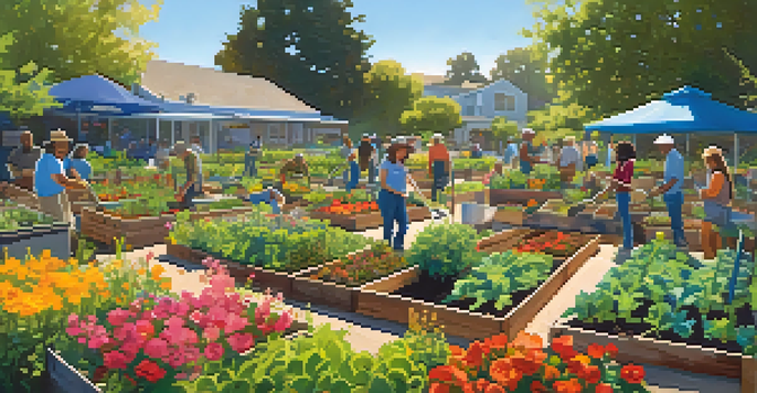 A community garden with diverse people planting vegetables and herbs under a blue sky, surrounded by colorful flowers and greenery.