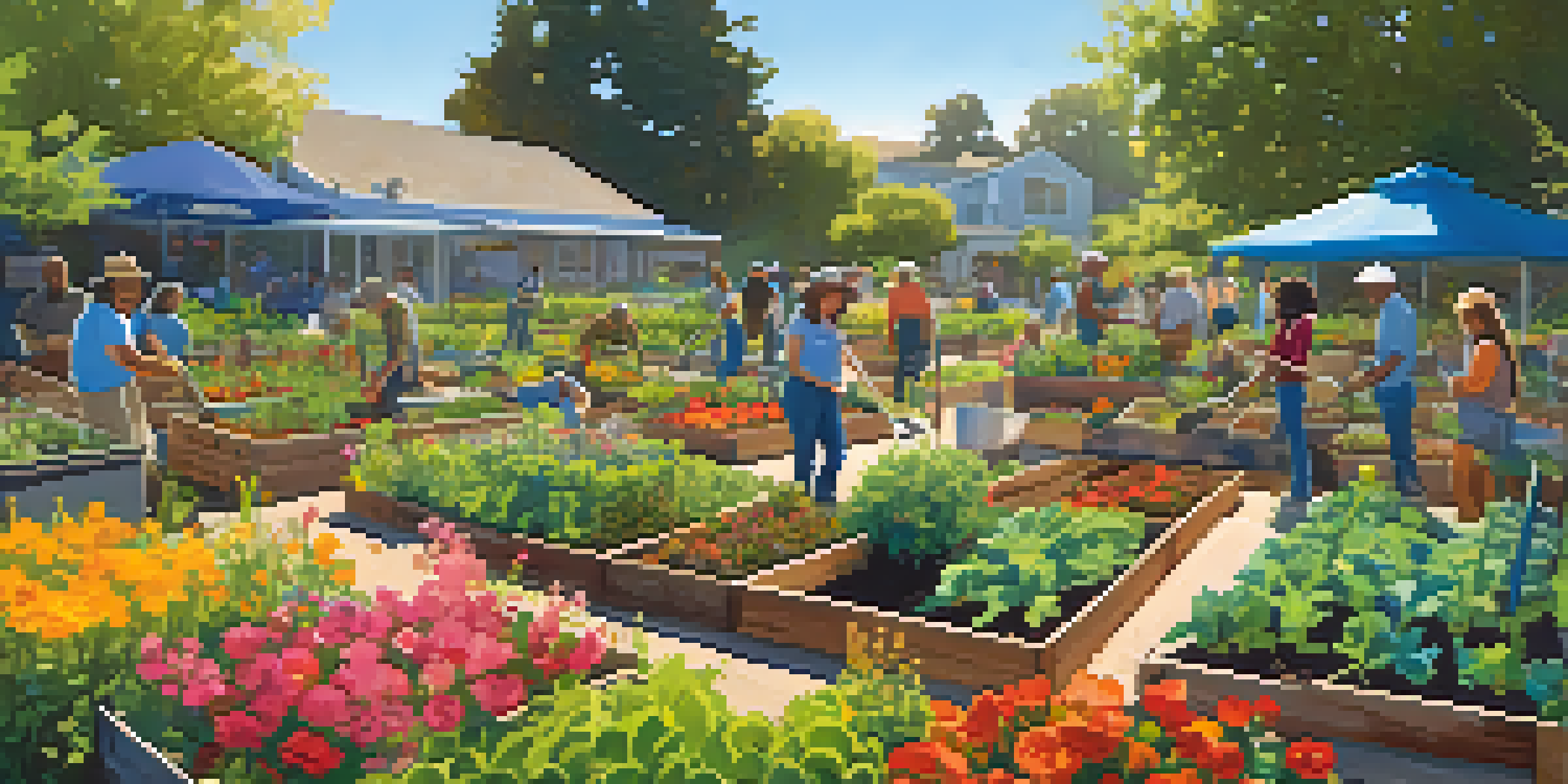 A community garden with diverse people planting vegetables and herbs under a blue sky, surrounded by colorful flowers and greenery.