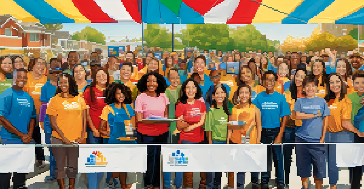 Tech employees volunteering at a local school in Redwood City, surrounded by children and vibrant banners promoting community engagement.