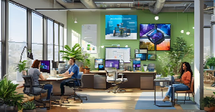 A diverse team of health tech innovators collaborating in a bright office space with digital devices and telemedicine interfaces displayed on screens.