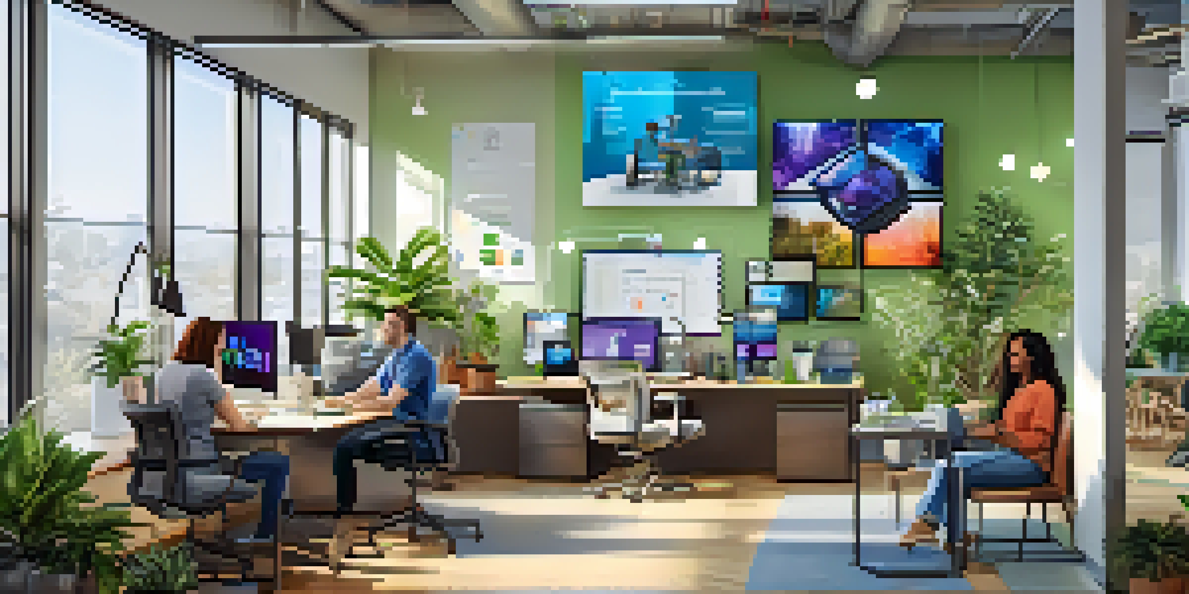 A diverse team of health tech innovators collaborating in a bright office space with digital devices and telemedicine interfaces displayed on screens.
