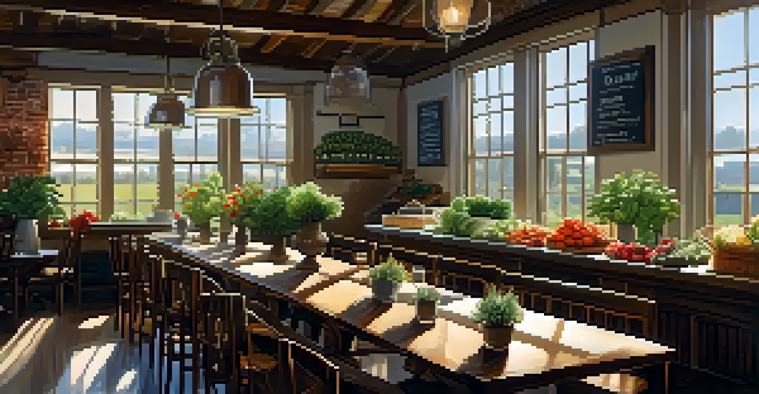 The interior of a farm-to-table restaurant featuring wooden tables and fresh produce with sunlight streaming in.