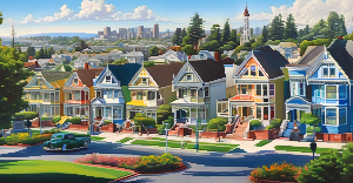 A panoramic view of Redwood City with historical Victorian houses in the foreground and modern glass buildings in the background, surrounded by green parks and blue sky.