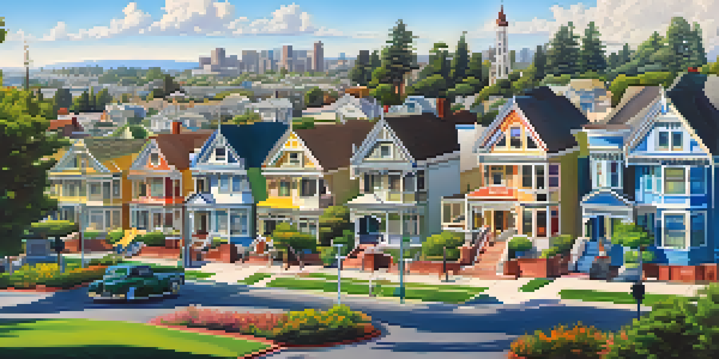 A panoramic view of Redwood City with historical Victorian houses in the foreground and modern glass buildings in the background, surrounded by green parks and blue sky.