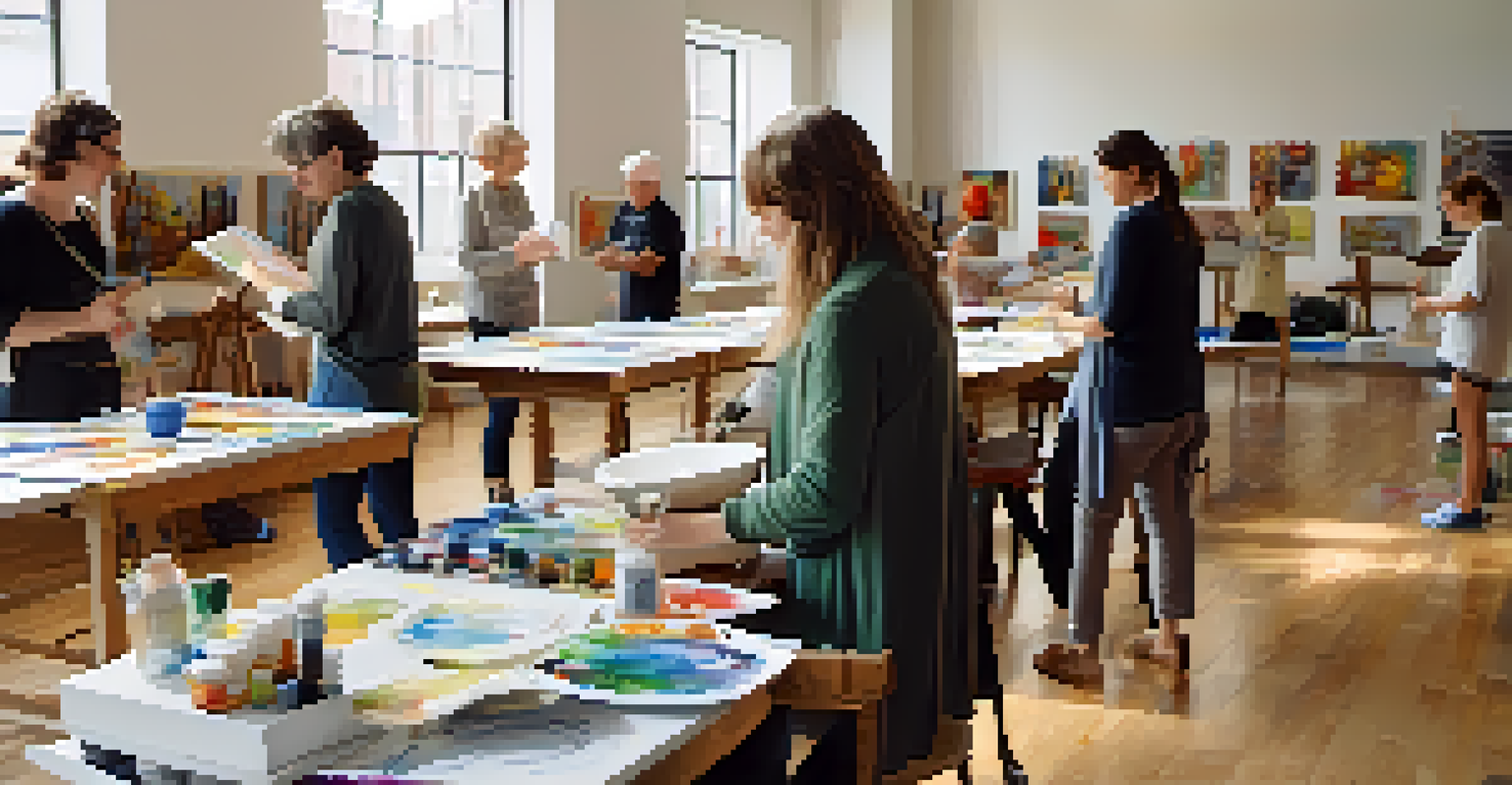 A community art workshop with people painting and collaborating in a bright studio.
