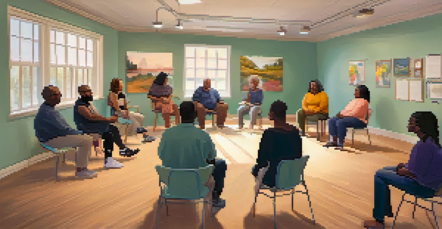 A supportive community workshop on mental health awareness with diverse residents sharing experiences in a warmly lit room.