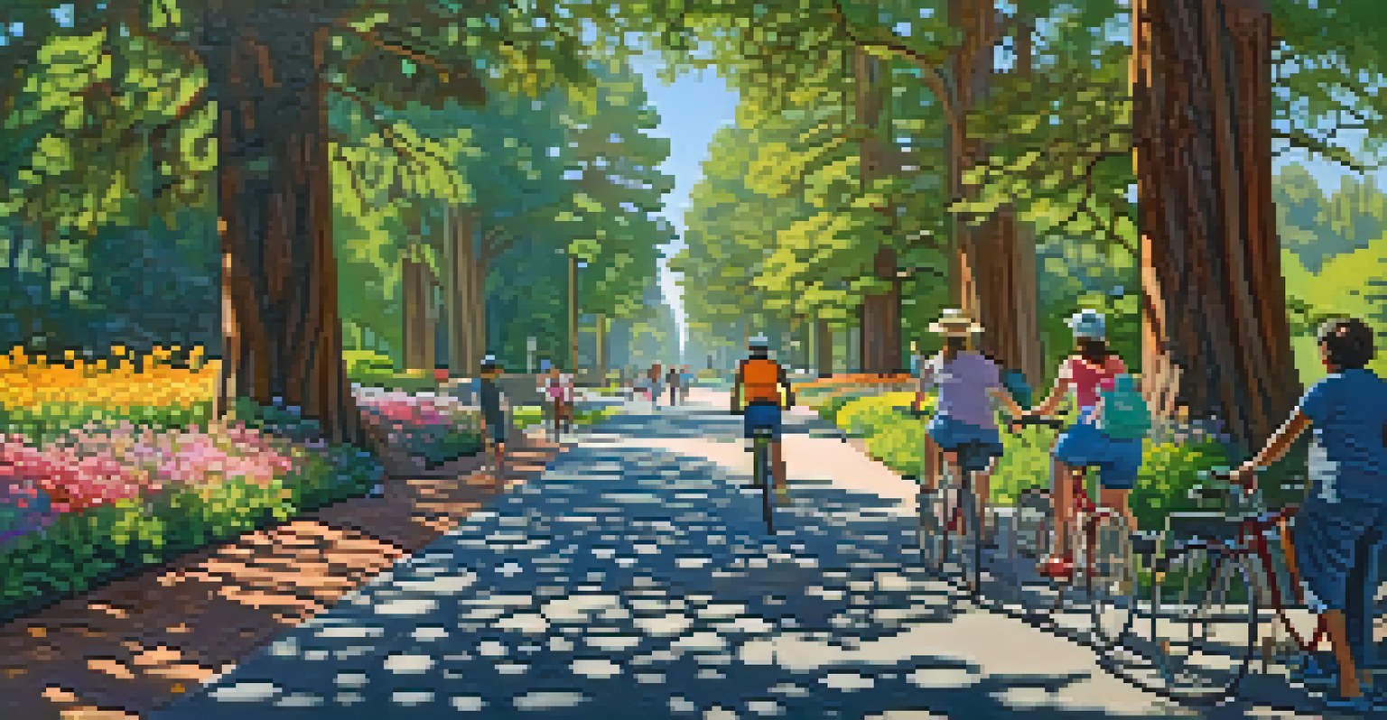A scenic pedestrian path in Redwood City park with cyclists and walkers, surrounded by flowers and trees under a blue sky.