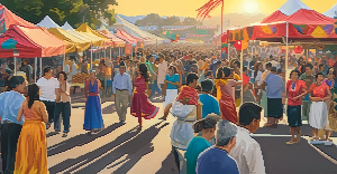 A lively cultural exchange festival with diverse food stalls, people dancing, and colorful decorations under a warm sunset.