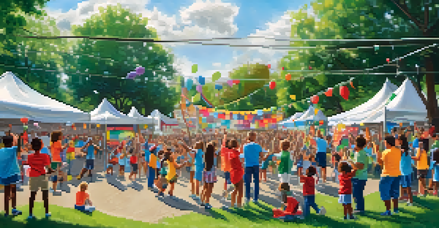 Volunteers of all ages participating in an outdoor event, children painting a mural with adults assisting, surrounded by colorful decorations.