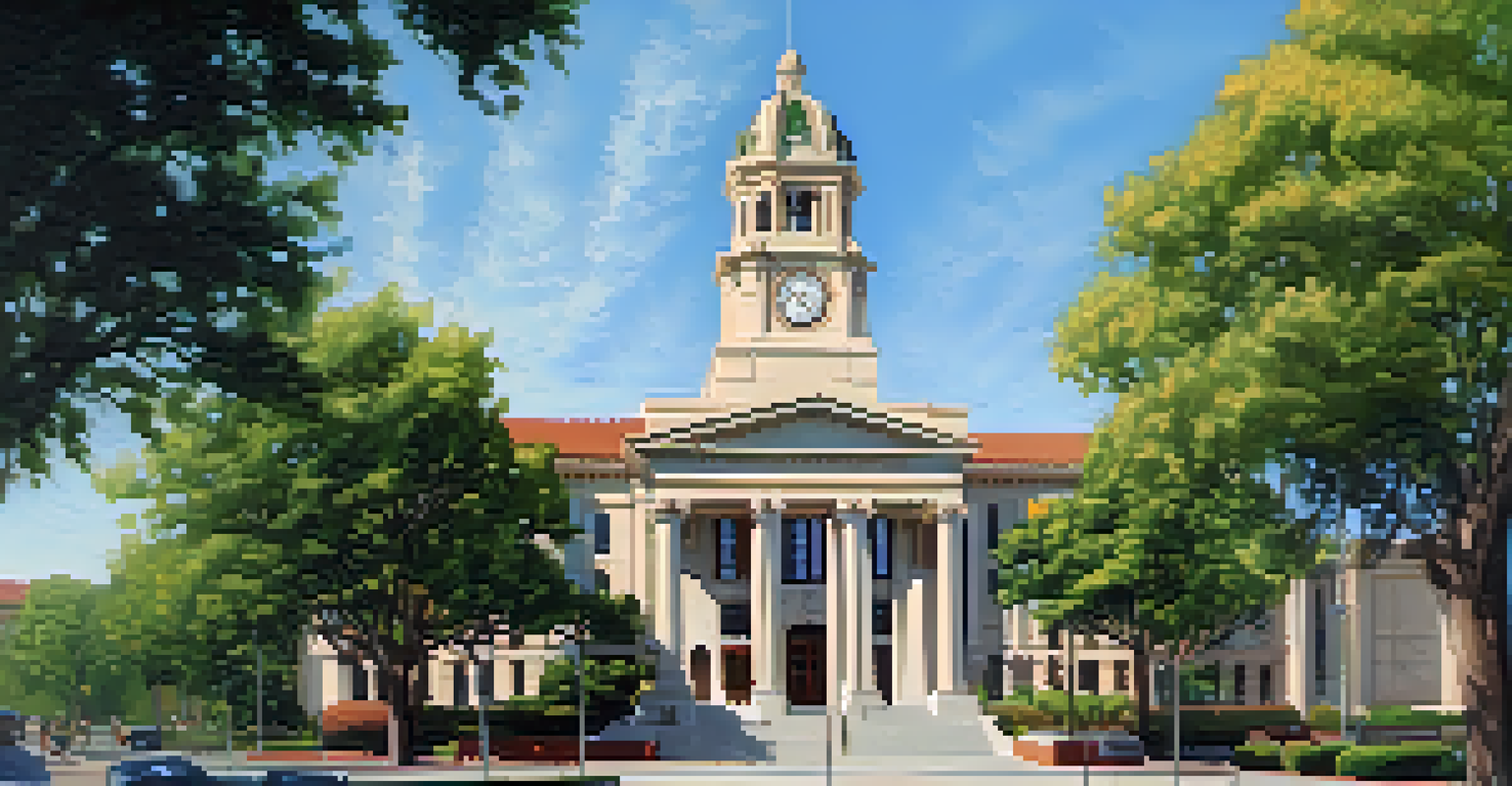 The San Mateo County Courthouse in Redwood City, showcasing its architectural beauty and clock tower against a blue sky.