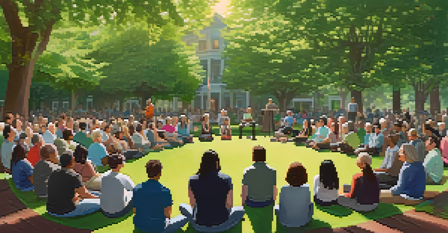 Residents of varying ages gather for an outdoor town hall meeting in a green park, engaging in discussion.