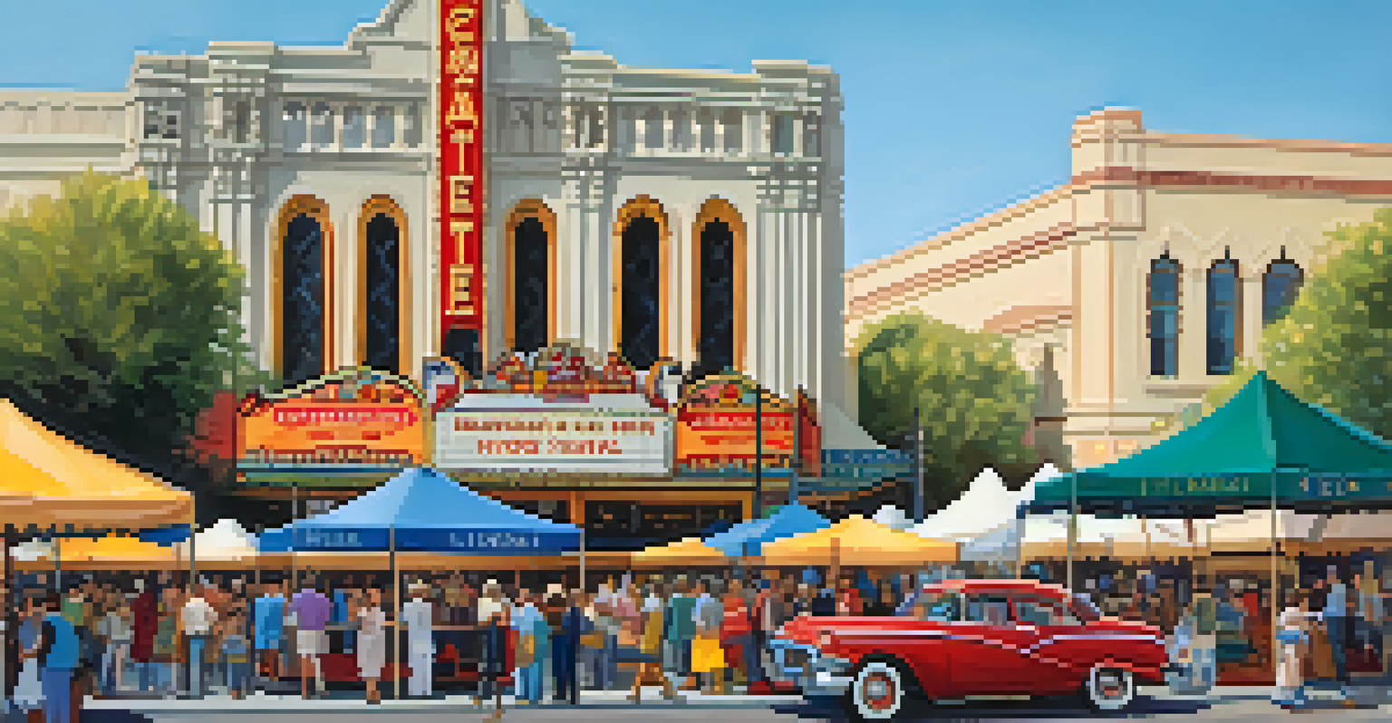 A lively heritage festival in Redwood City with tents, artisans, and families, set against the backdrop of the restored Fox Theatre.