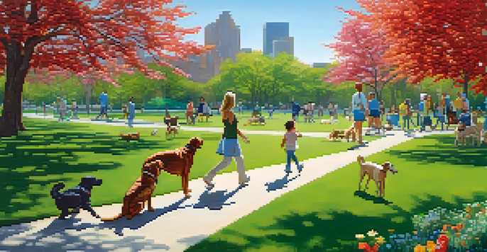 A vibrant park scene with dogs playing and pet owners walking along paths in Red Morton Park.