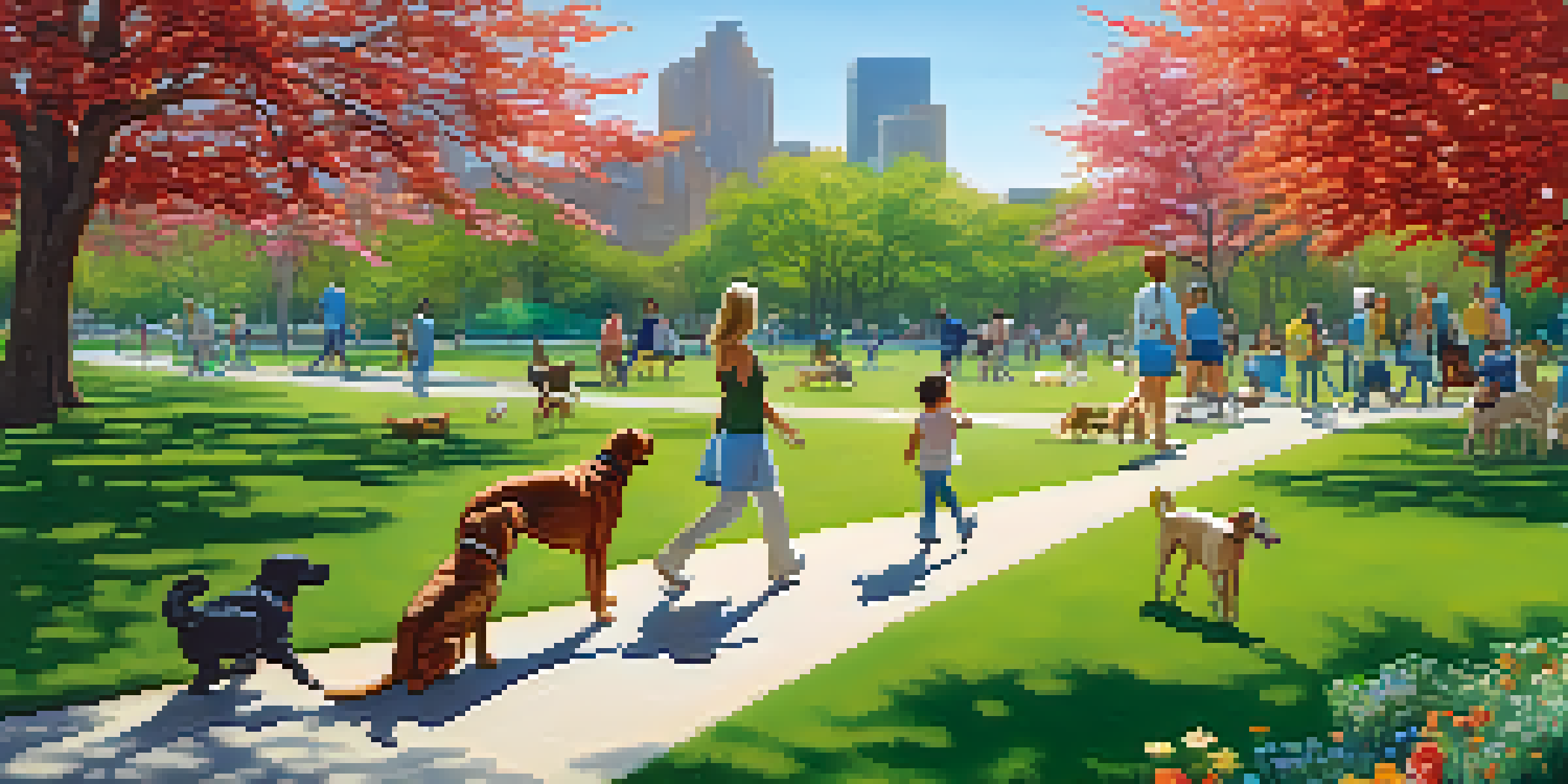 A vibrant park scene with dogs playing and pet owners walking along paths in Red Morton Park.