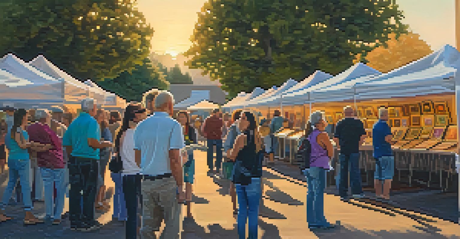 A community art event in Redwood City with people admiring local artists' works during a beautiful sunset.