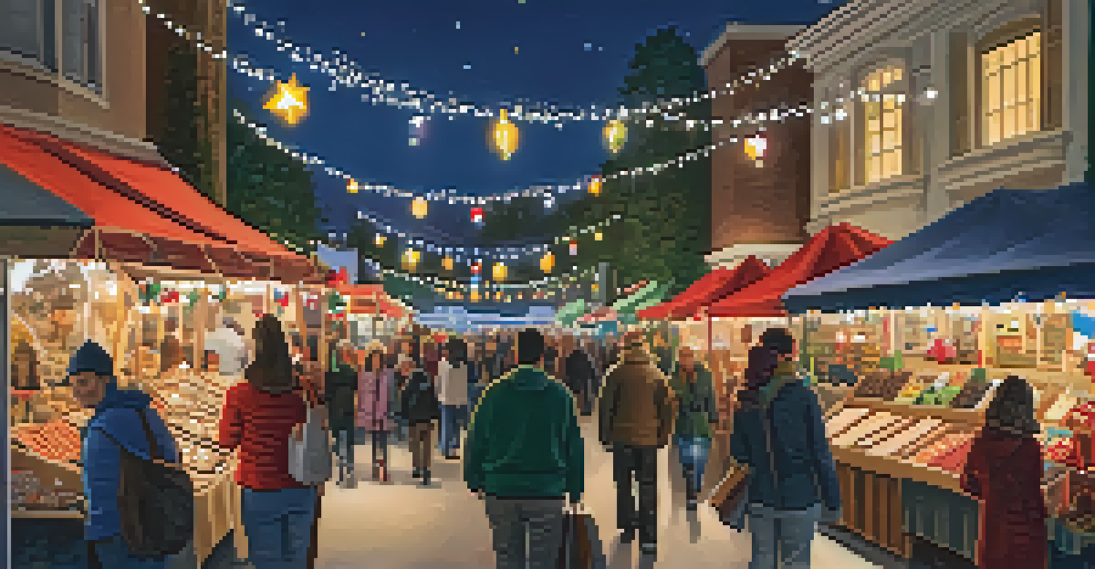 A vibrant holiday market in Redwood City with stalls of handmade crafts and gourmet treats, alive with shoppers and string lights.