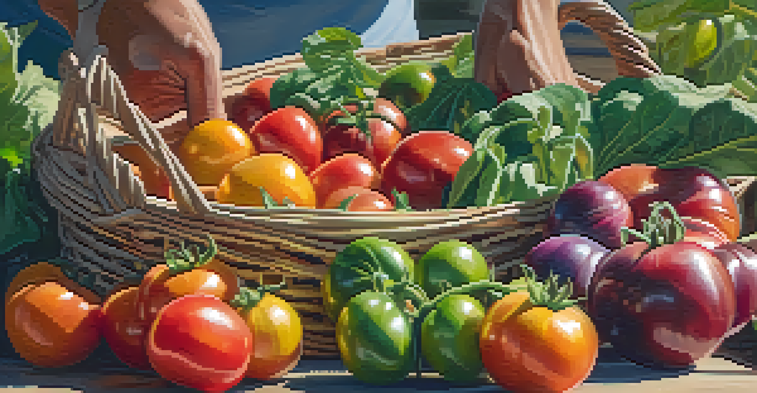 A farmer's hands holding a basket of colorful heirloom tomatoes and rainbow chard, with a rustic wooden table filled with fresh produce in the background.